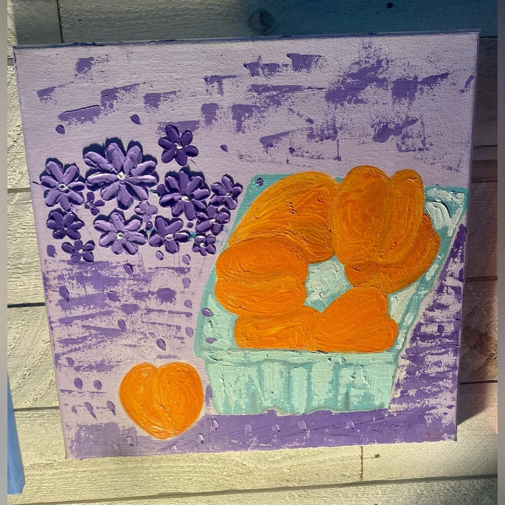 Lilas and peaches impasto abstract oil painting 12x12